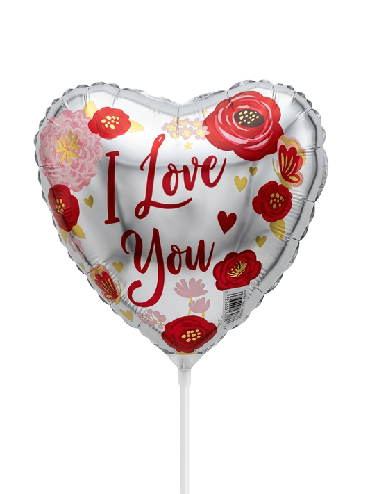 Heart-shaped balloon with floral design and 'I Love You' text. Foil Balloon. Add ons.