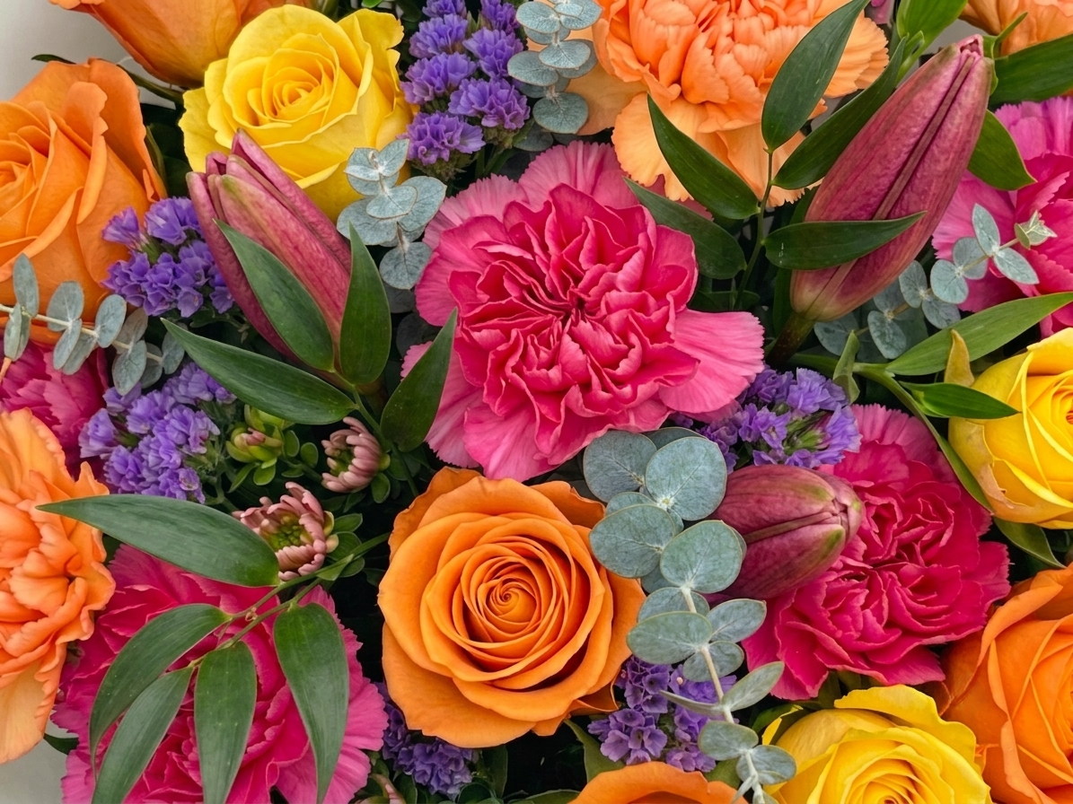 Vibrant mix of bright yellow, orange, and pink seasonal flowers hand-crafted for birthday delivery in South Auckland.