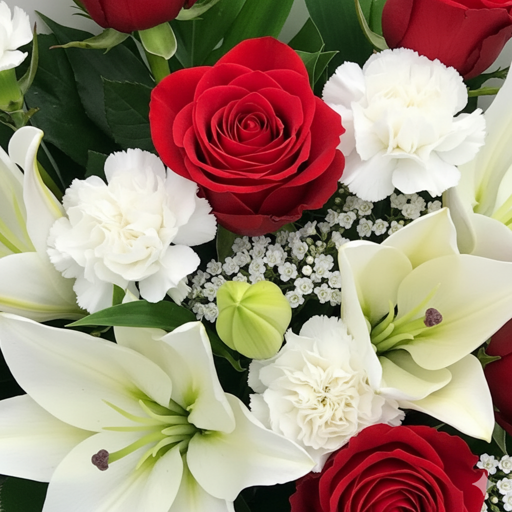Festive crimson red and white flower bouquet hand-crafted for holiday delivery in South Auckland by local growers.