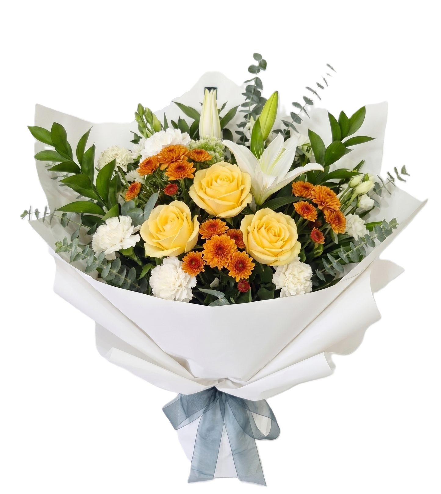 A vibrant hand-tied bouquet by Flowers on Ramarama featuring yellow roses, orange mini chrysanthemums, white lilies, and white spray carnations with eucalyptus greenery. The arrangement is wrapped in minimalist white paper and tied with a sheer blue ribbon.