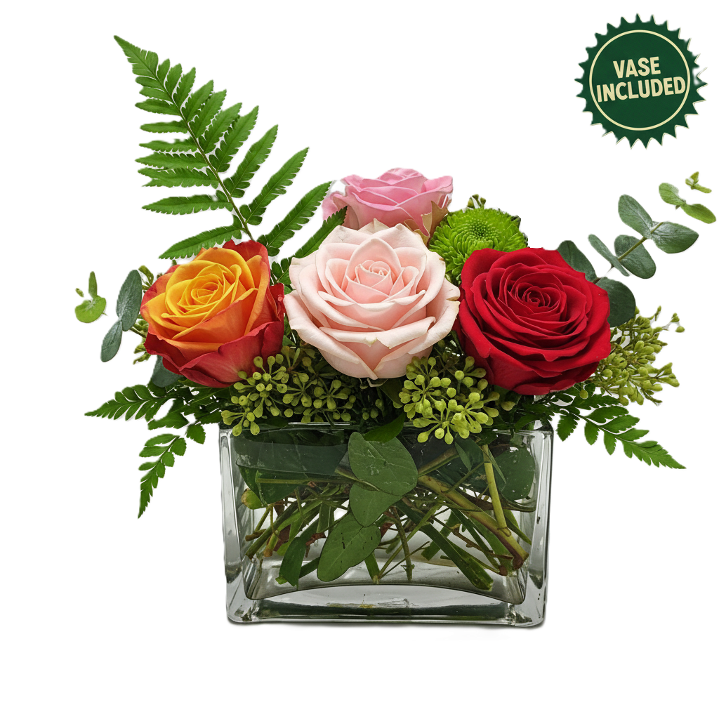 Vibrant mixed color rose arrangement in a glass cube vase hand-crafted for celebration and birthday delivery in South Auckland.