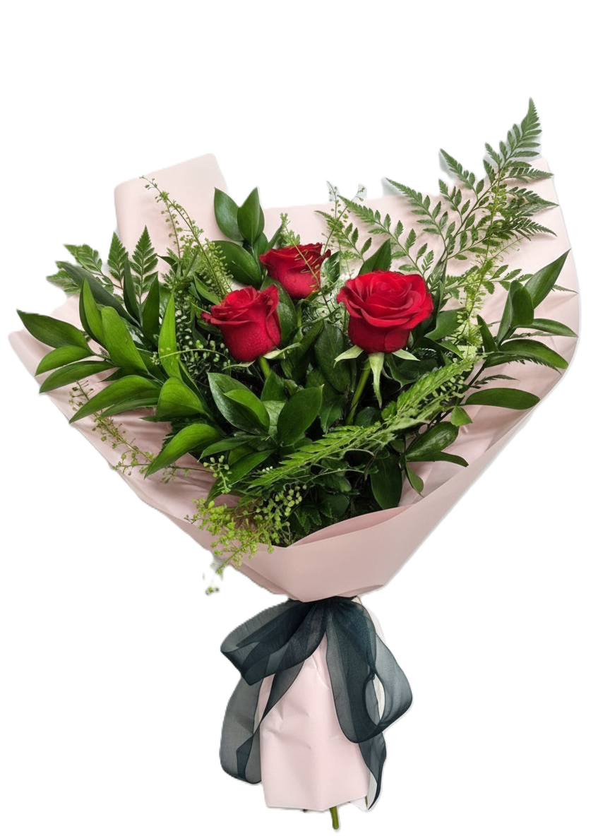 Elegant ruby trio bouquet featuring three premium red roses and fresh greenery, hand-crafted for romantic delivery in South Auckland.