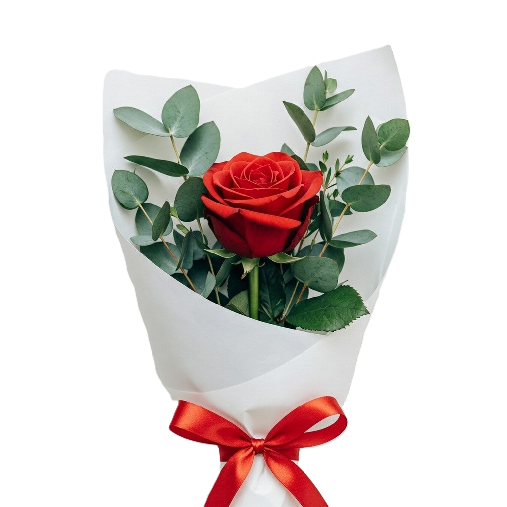 Elegant single premium red rose gift hand-wrapped with greenery, available for delivery in South Auckland by local growers.