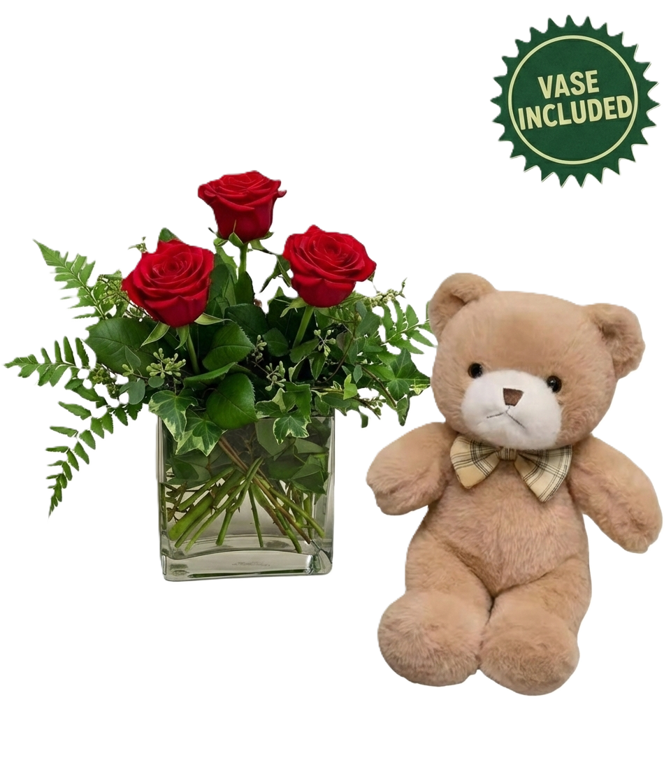 Enchanting Valentine's Day gift set featuring three red roses in a glass vase and a plush teddy bear, hand-crafted in South Auckland.