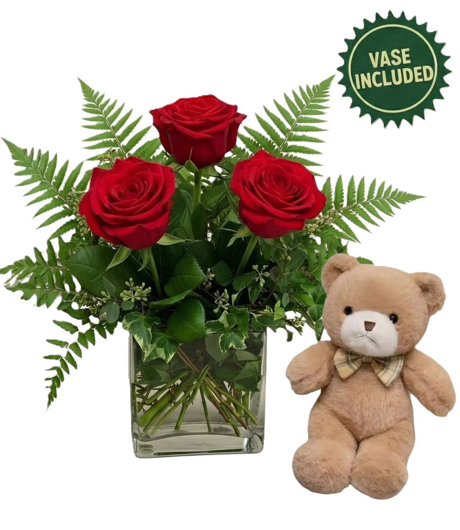 Enchanting Valentine's Day gift set featuring three red roses in a glass vase and a plush teddy bear, hand-crafted in South Auckland.