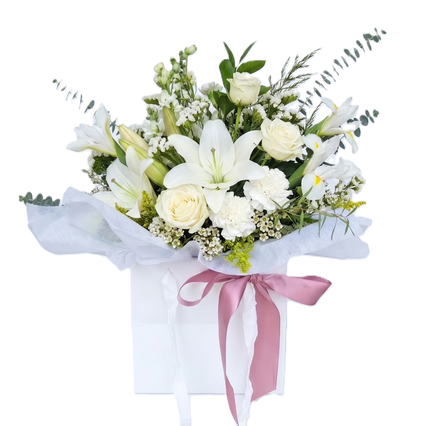 A beautiful bouquet of top quality white roses and fresh premium greenery wrapped in paper