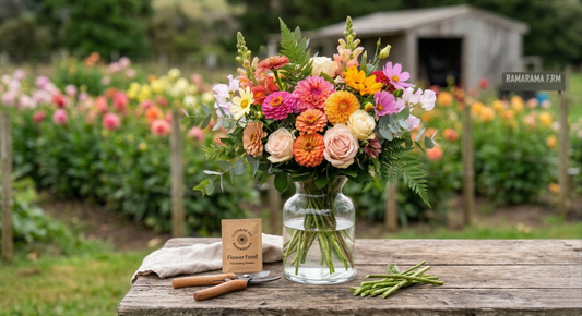 Fresh flower bouquet in a vase with flower care tips from Flowers on Ramarama. *AI Generated