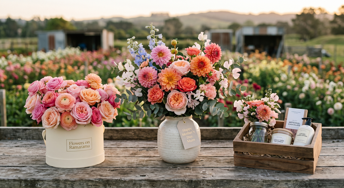 A curated selection of Mother's Day flower gifts on a rustic wooden bench overlooking the Ramarama farm fields, featuring a lush vase arrangement, a premium floral hat box, and a locally sourced gift box.
