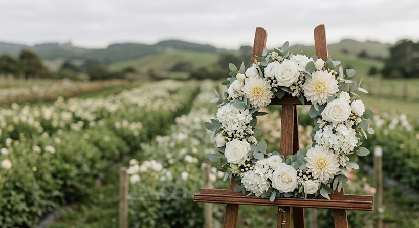A serene and elegant sympathy floral arrangement featuring white flowers and soft green foliage in a simple vase, sitting peacefully on a rustic wooden table at Flowers on Ramarama.