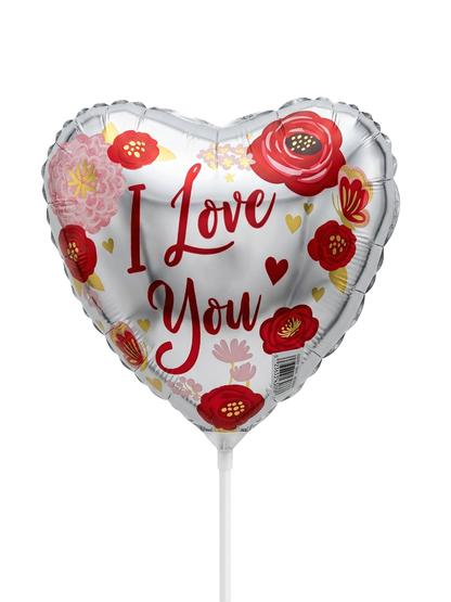 Heart-shaped balloon with floral design and 'I Love You' text. Foil Balloon. Add ons.