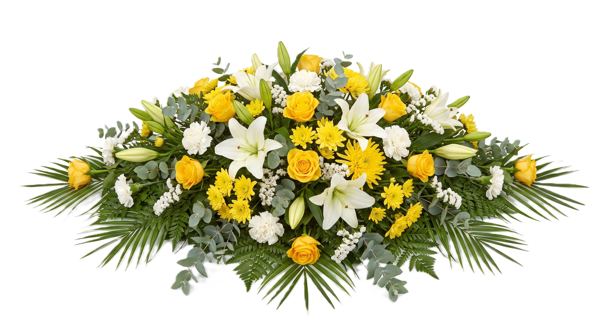 A floral arrangement for a casket, featuring yellow roses, white lilies, yellow daisies, and green foliage including palm leaves and eucalyptus, isolated on a white background.