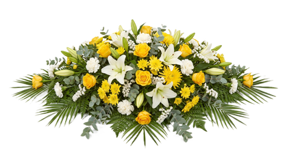 A floral arrangement for a casket, featuring yellow roses, white lilies, yellow daisies, and green foliage including palm leaves and eucalyptus, isolated on a white background.