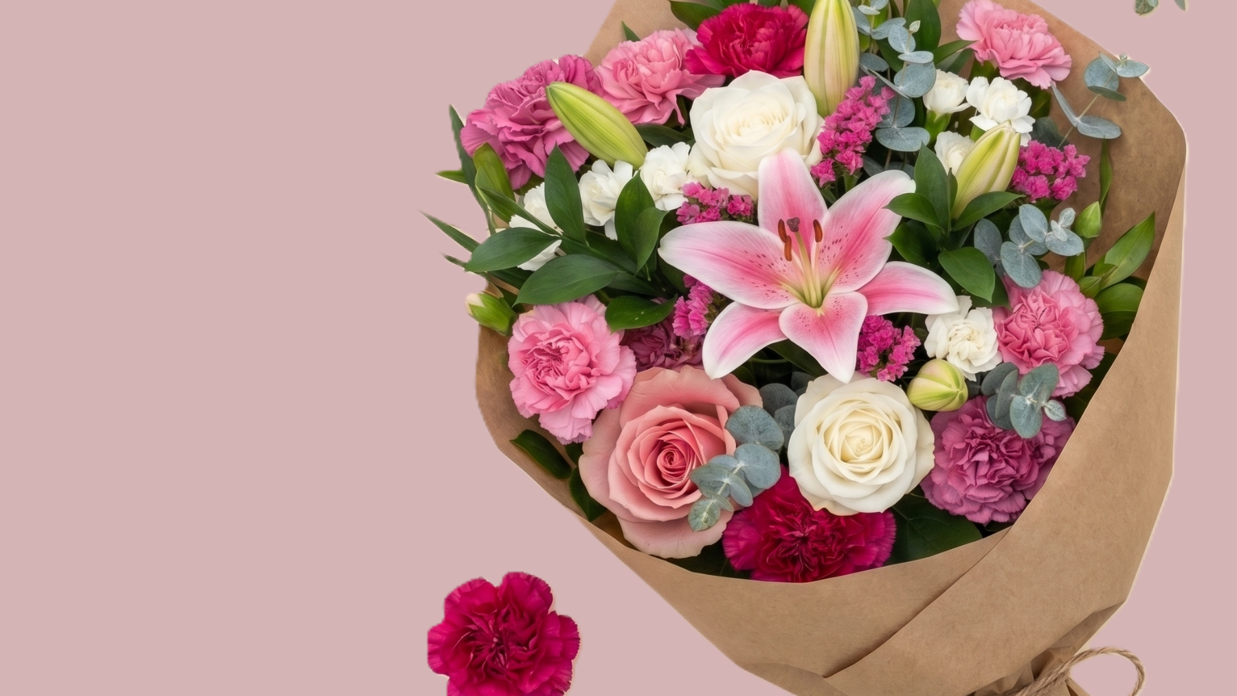 Bouquet of flowers wrapped in brown paper with a tag on a beige background. Mother's Day Early Sale, pre sale banner. Delivery Mother's Day Sunday.