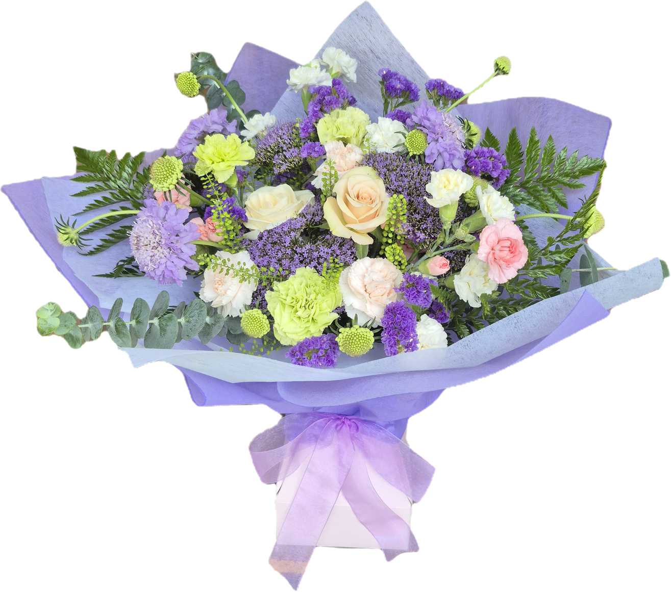 Beautiful florist's choice arrangement featuring lavender and purple flowers in a Vox box, hand-crafted in South Auckland.