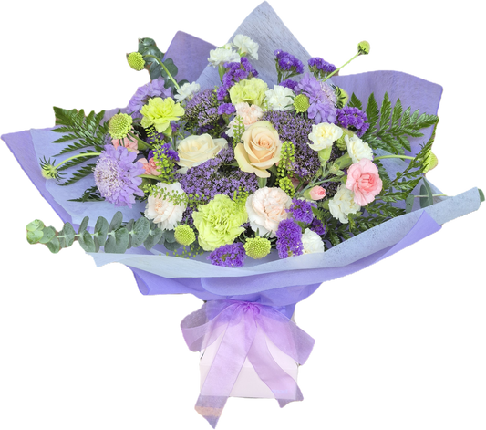 Beautiful florist's choice arrangement featuring lavender and purple flowers in a Vox box, hand-crafted in South Auckland.