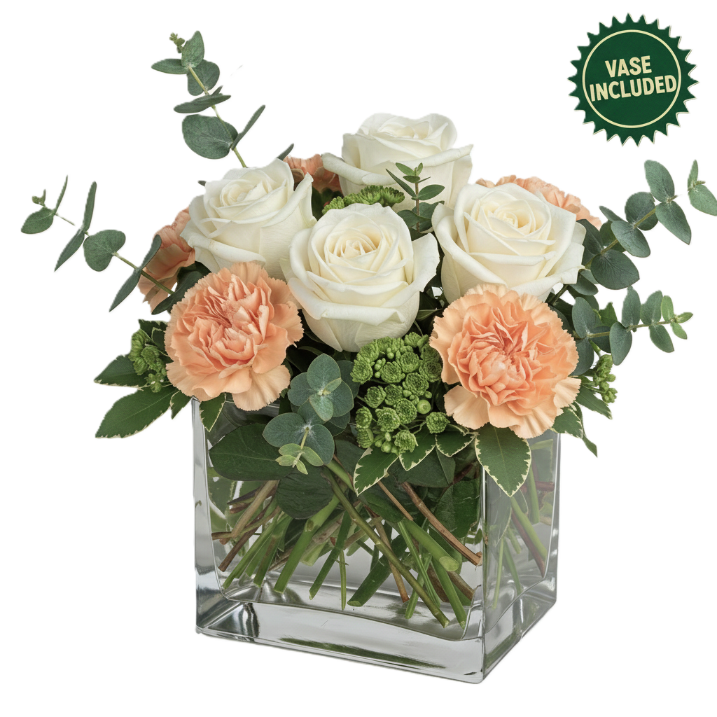 Chic gentle grace arrangement featuring white roses and peach carnations in a modern square glass vase, hand-crafted in South Auckland.