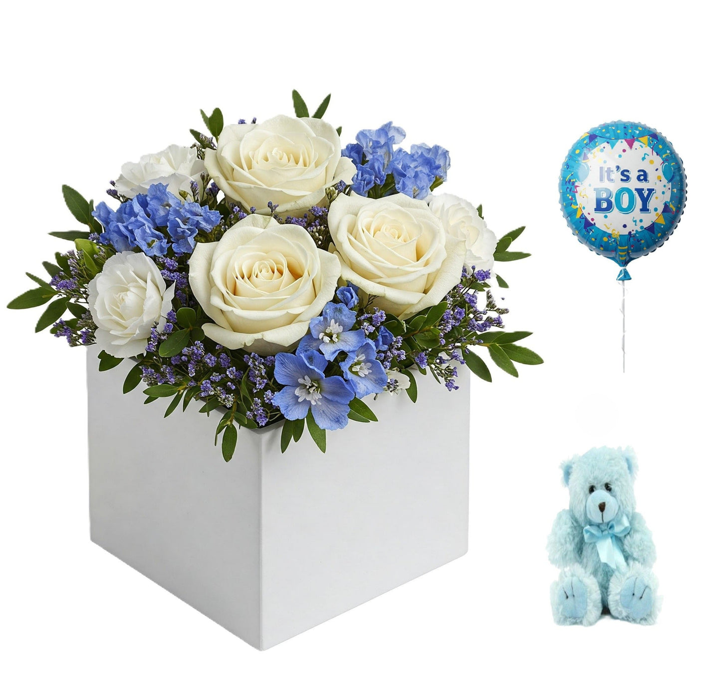 Joyful its a boy blue and white flower arrangement in a white square card box, available for new baby delivery in South Auckland.