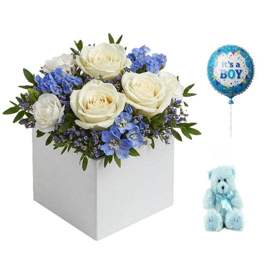 Joyful its a boy blue and white flower arrangement in a white square card box, available for new baby delivery in South Auckland.