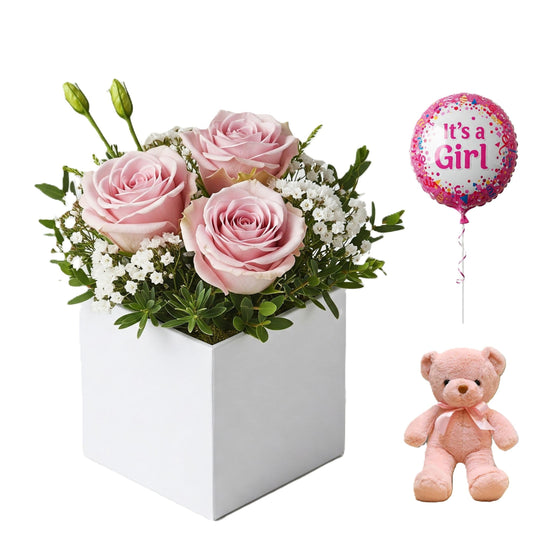 Joyful its a girl pink and white flower arrangement in a white square card box, available for new baby delivery in South Auckland.