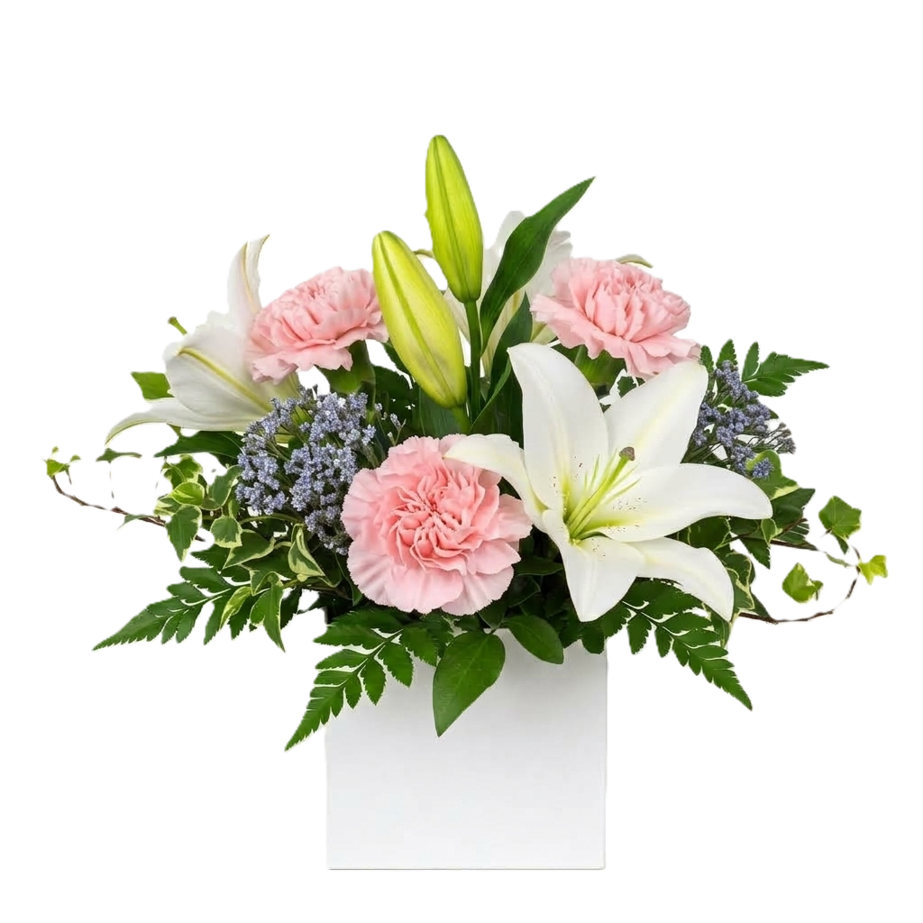 Elegant joyful grace bouquet featuring pink carnations and white lilies, hand-crafted for delivery in Auckland.