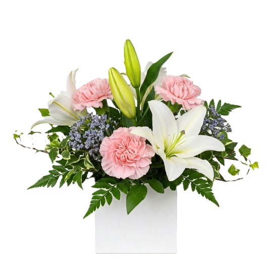 Elegant joyful grace bouquet featuring pink carnations and white lilies, hand-crafted for delivery in Auckland.