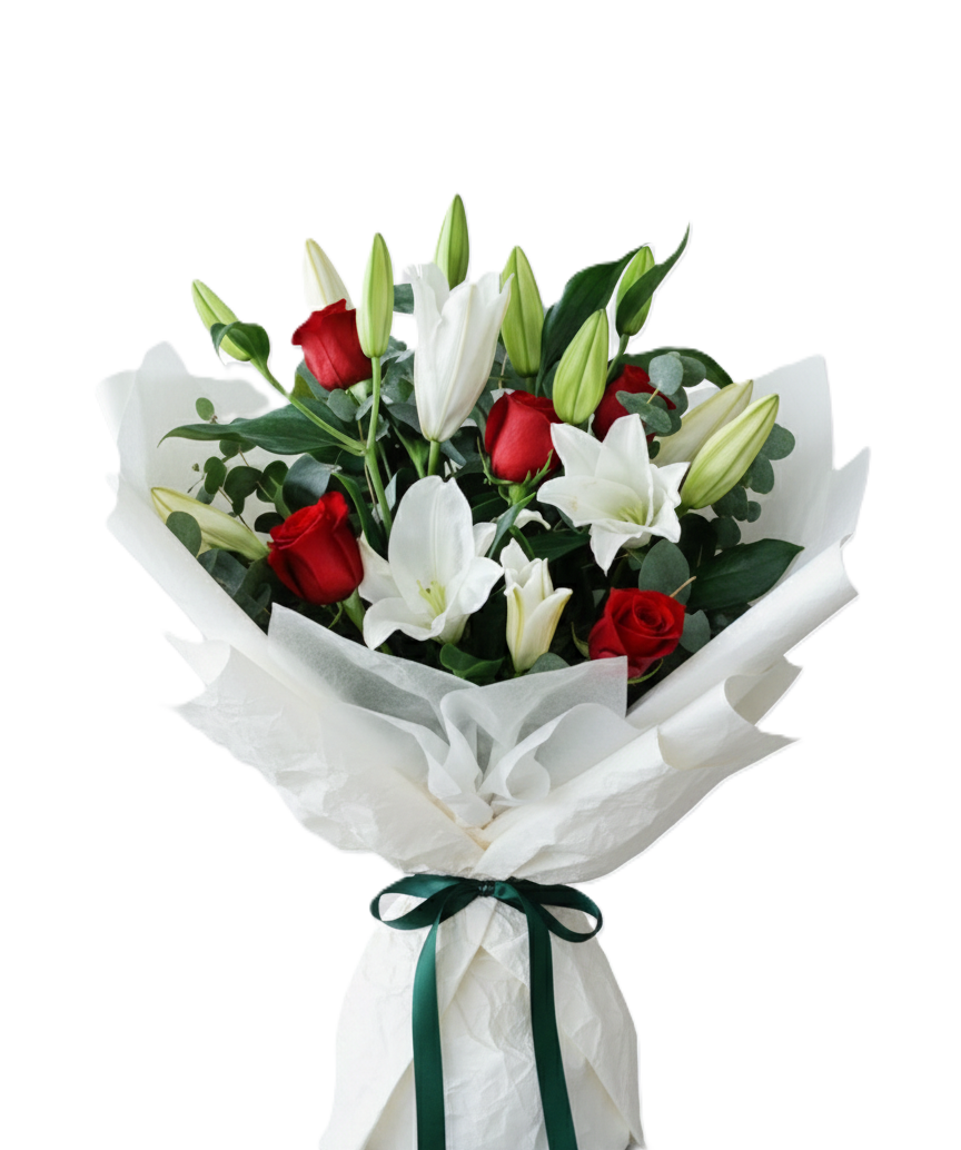 Striking passionate purity red and white flower bouquet hand-crafted for anniversary and elegant delivery in Auckland by local growers.