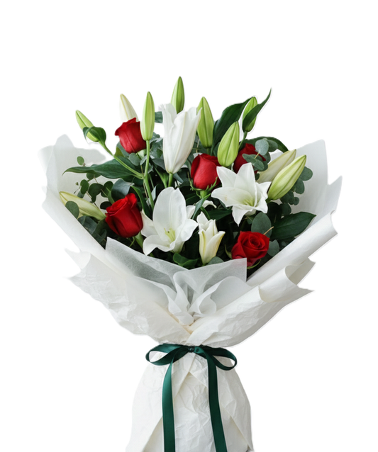 Striking passionate purity red and white flower bouquet hand-crafted for anniversary and elegant delivery in Auckland by local growers.