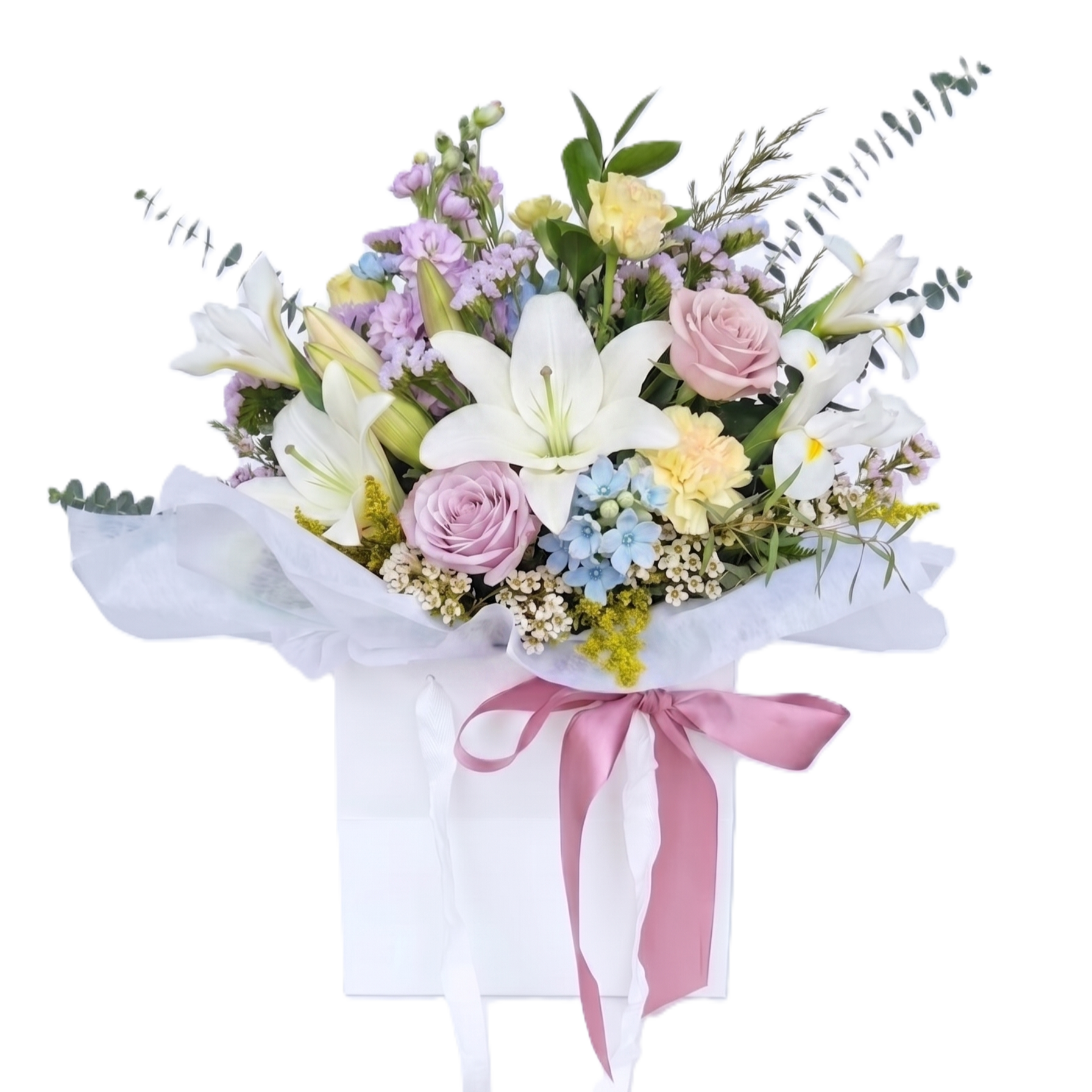 Top quality premium pastel flowers arranged with fresh foliage in a wrapped bouquet