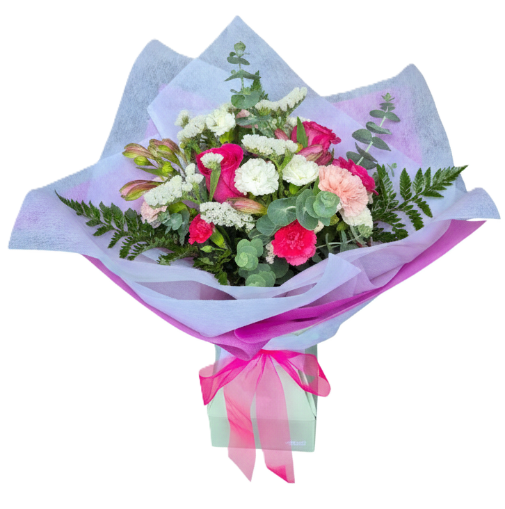Sweet pink and white seasonal flowers arranged in a convenient self-watering Vox Box for delivery in South Auckland.