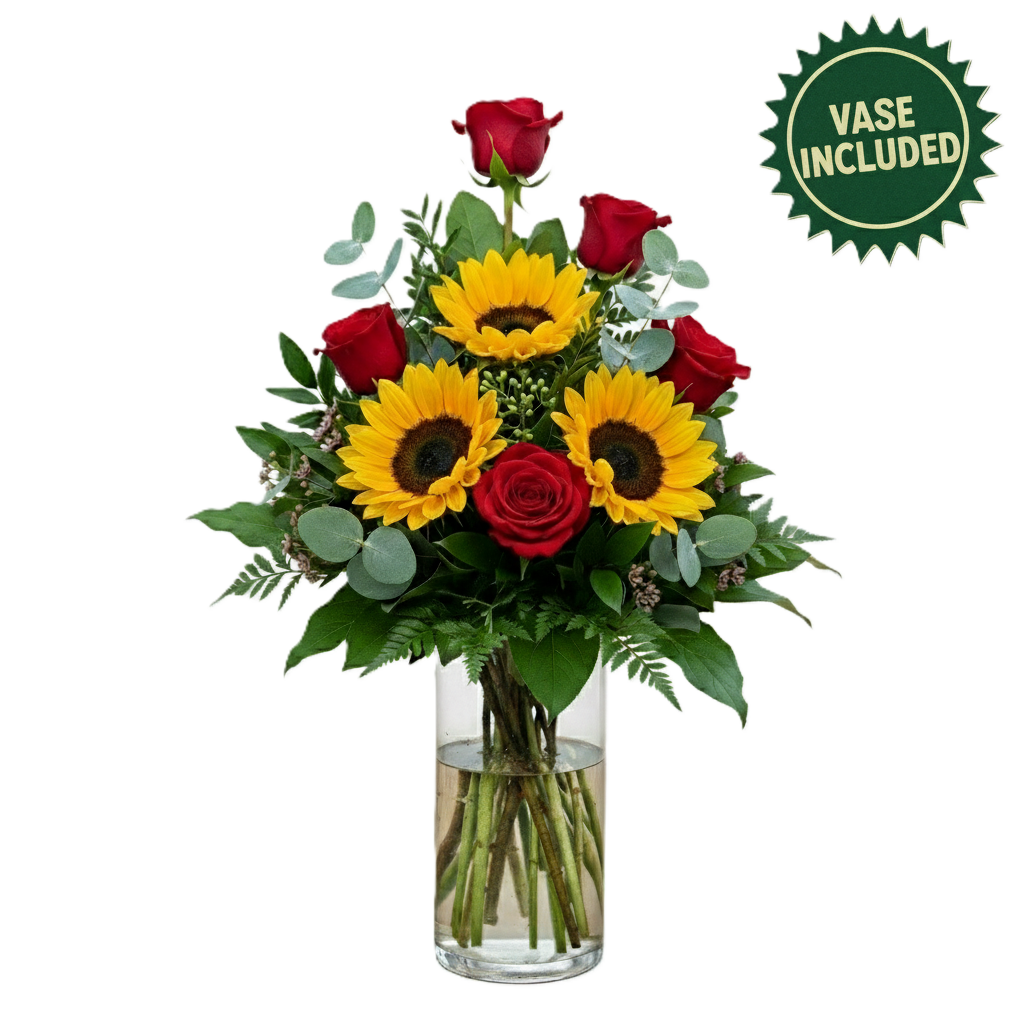 Majestic regal blossom arrangement featuring red roses and sunflowers in a glass vase, hand-crafted for grand celebration delivery in South Auckland.
