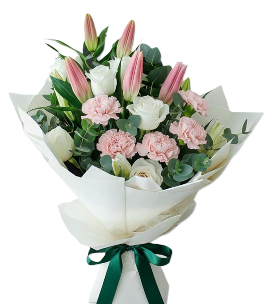Beautiful serene harmony pastel bouquet featuring pink lilies, pink carnations, and white roses, hand-crafted for new baby and celebration delivery in South Auckland.