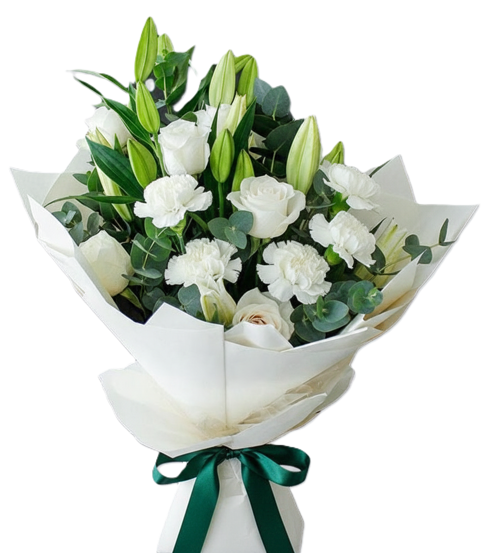 Sophisticated simply elegant white and green flower bouquet, hand-crafted for delivery in Auckland.