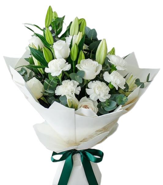 Sophisticated simply elegant white and green flower bouquet, hand-crafted for delivery in Auckland.