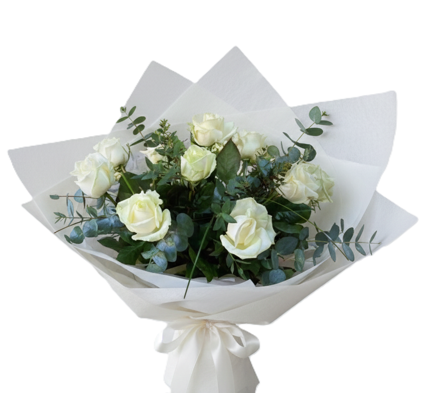Elegant simply white bouquet featuring pristine white roses and premium greenery, hand-crafted for delivery in South Auckland.