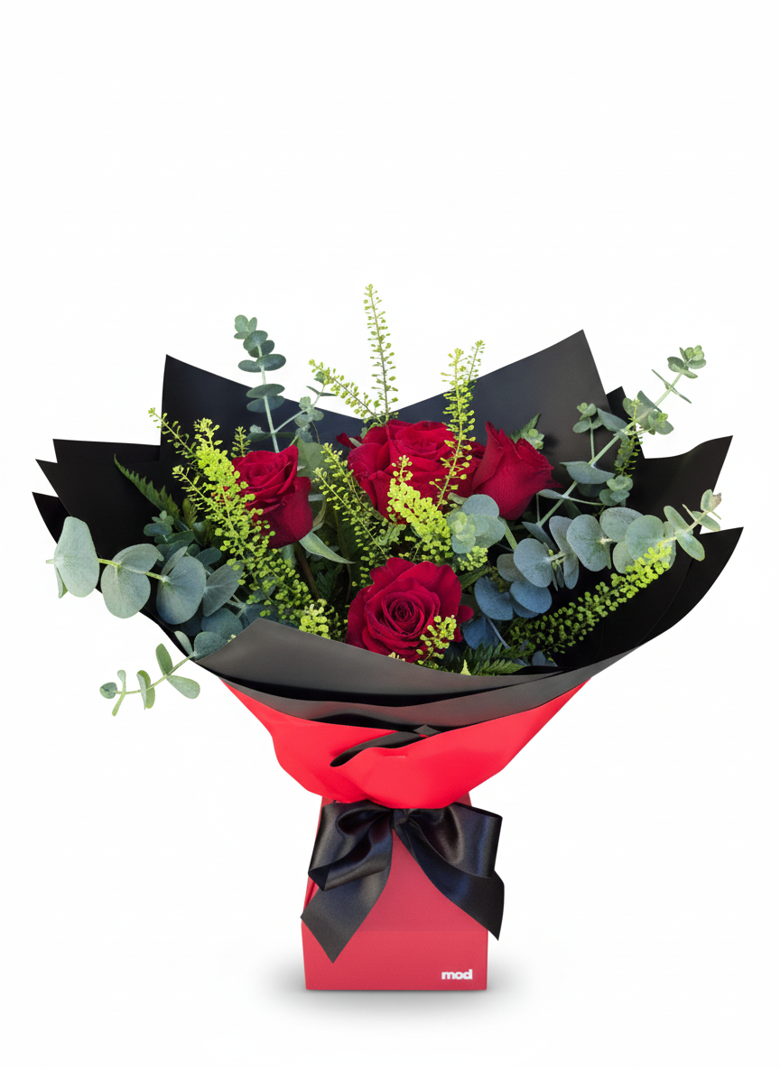 Elegant arrangement of six premium red roses in a self-watering Vox box, hand-crafted for romantic delivery in South Auckland.