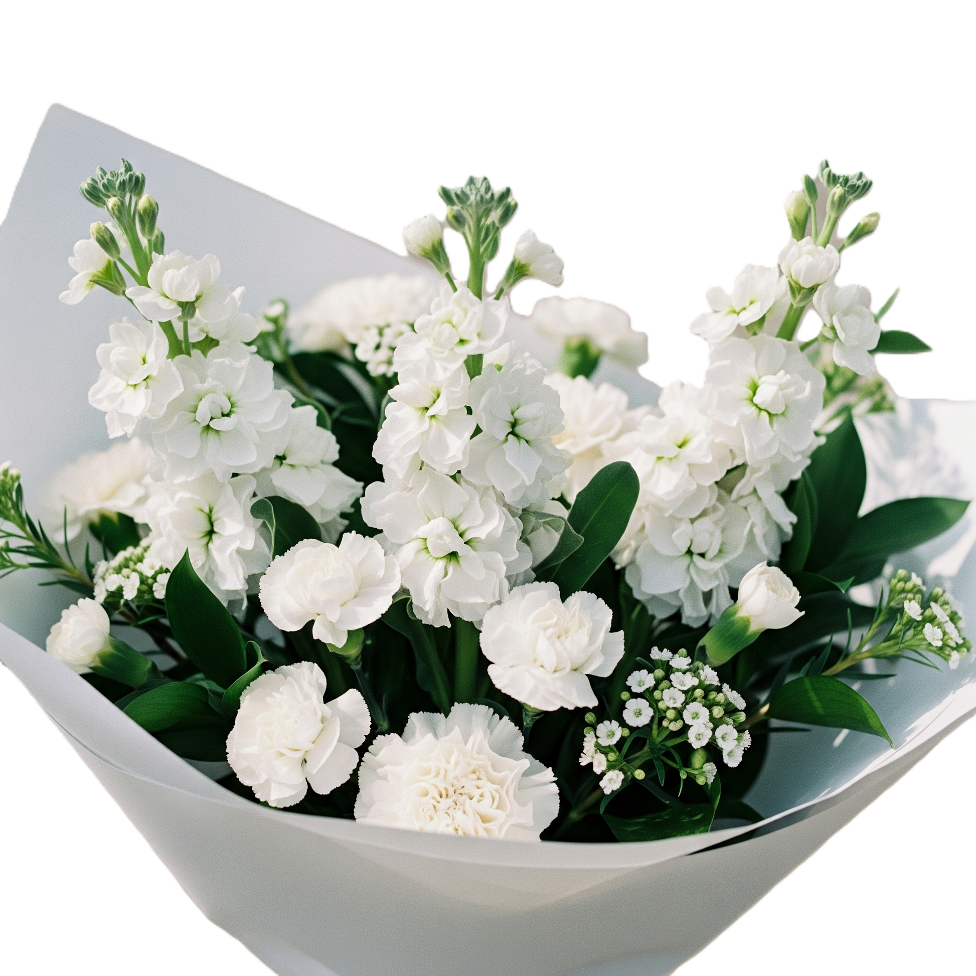 Snowy Grace elegant white floral bouquet featuring premium seasonal white blooms wrapped in paper, hand-crafted for delivery in South Auckland.