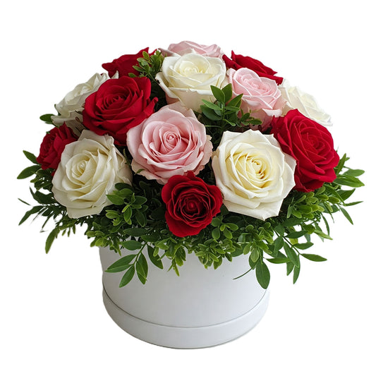 Charming sweet serenade arrangement featuring premium mixed roses in a stylish white hatbox, hand-crafted for luxury delivery in South Auckland.