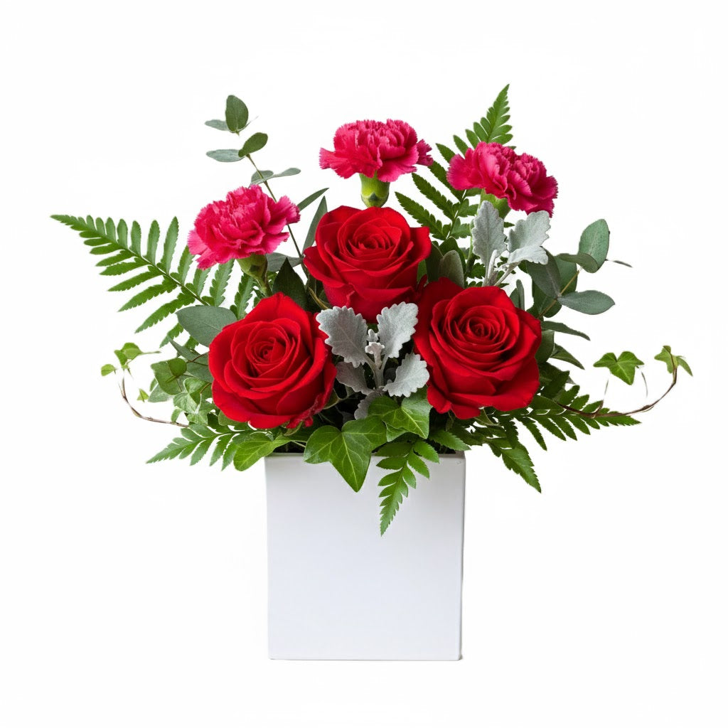 Elegant timeless charm mixed flower arrangement in a box, hand-crafted for celebration and thank you delivery in South Auckland.