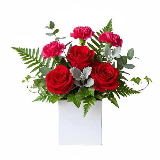 Elegant timeless charm mixed flower arrangement in a box, hand-crafted for celebration and thank you delivery in South Auckland.