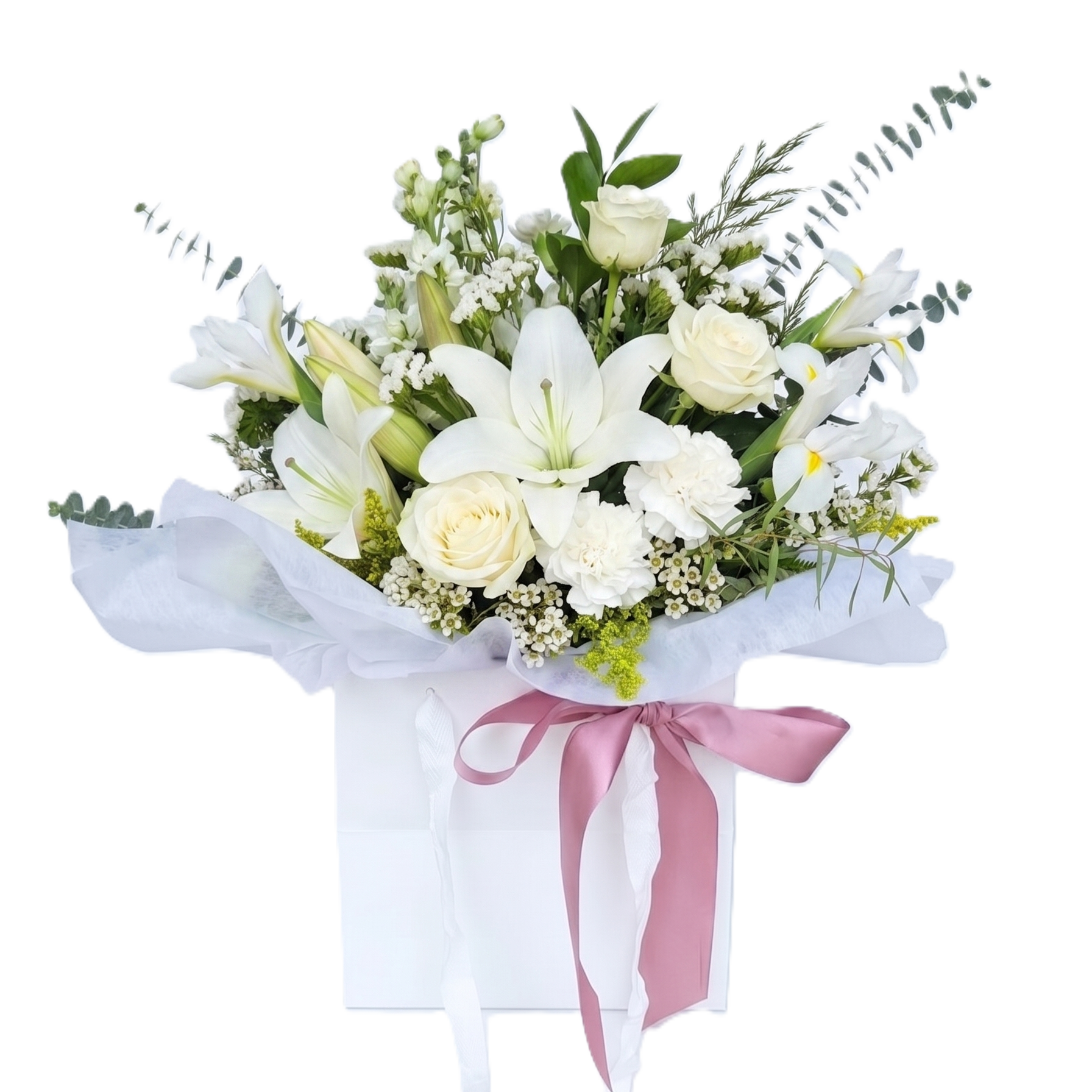 A beautiful bouquet of top quality white roses and fresh premium greenery wrapped in paper