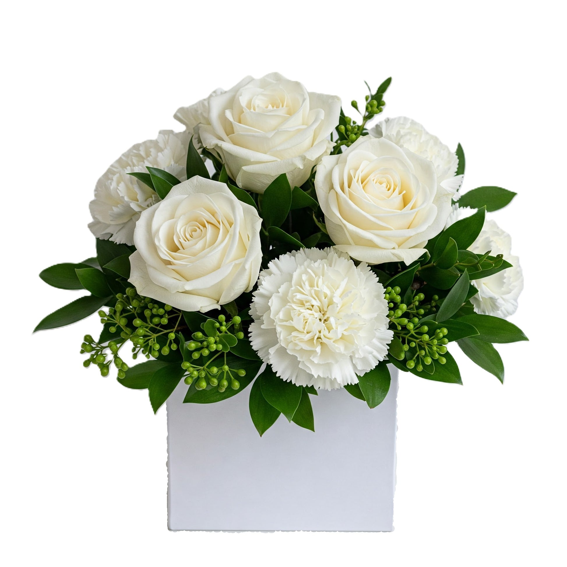 Pristine white doves flower bouquet featuring elegant white blooms and fresh greenery, hand-crafted for delivery in Auckland.