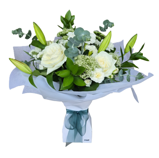 Premium white and green flowers arranged in a convenient self-watering Vox Box, ideal for office or hospital delivery in South Auckland.