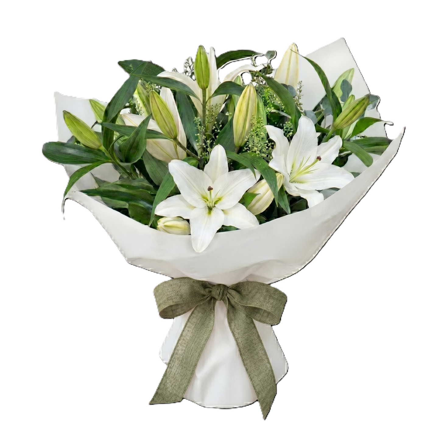 Elegant white serenity bouquet featuring premium white lilies and fresh greenery, hand-crafted for delivery in Auckland.