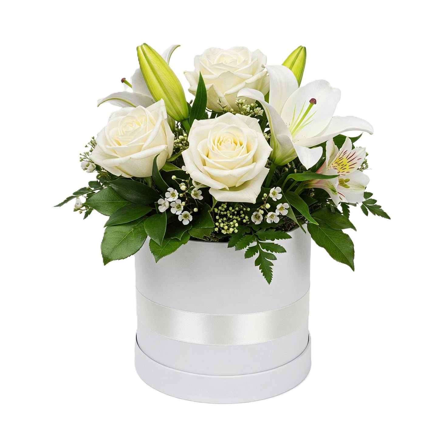Elegant white whisper arrangement featuring roses and lilies in a round white hatbox with ribbon, hand-crafted in South Auckland by local growers.
