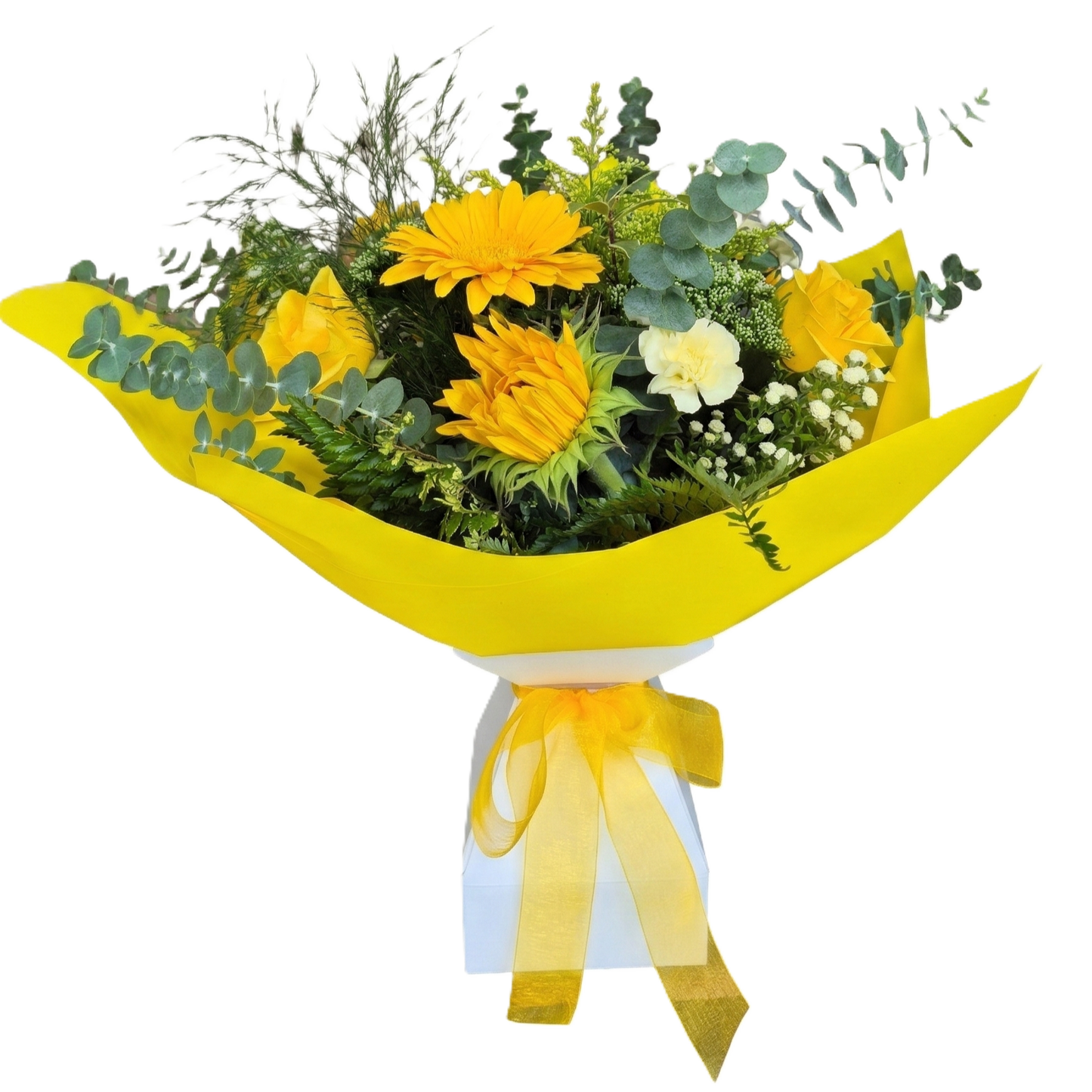 Cheerful bright yellow seasonal flowers arranged in a convenient self-watering Vox Box, available for delivery in South Auckland.