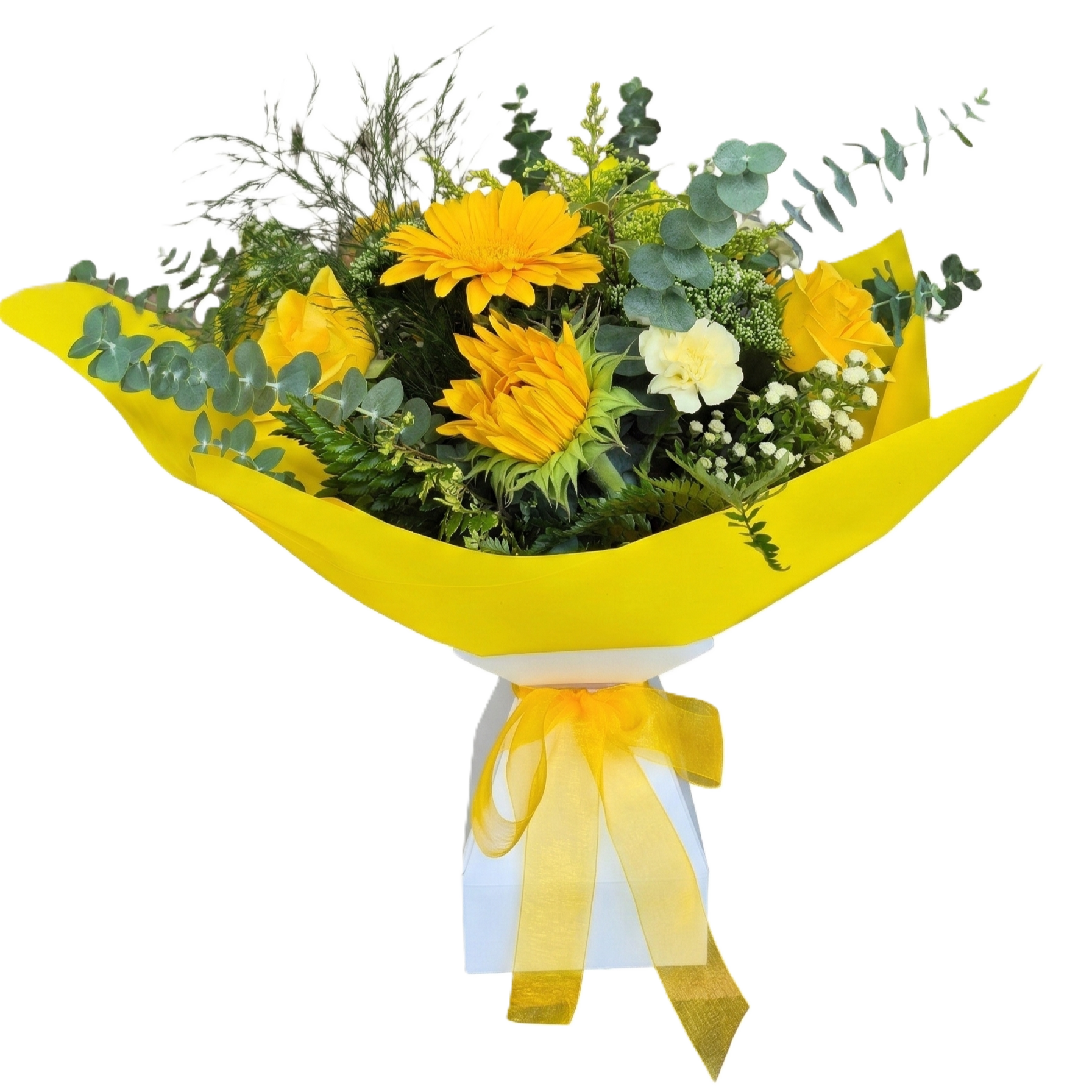 Cheerful bright yellow seasonal flowers arranged in a convenient self-watering Vox Box, available for delivery in South Auckland.