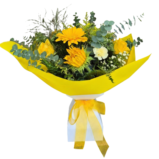 Cheerful bright yellow seasonal flowers arranged in a convenient self-watering Vox Box, available for delivery in South Auckland.